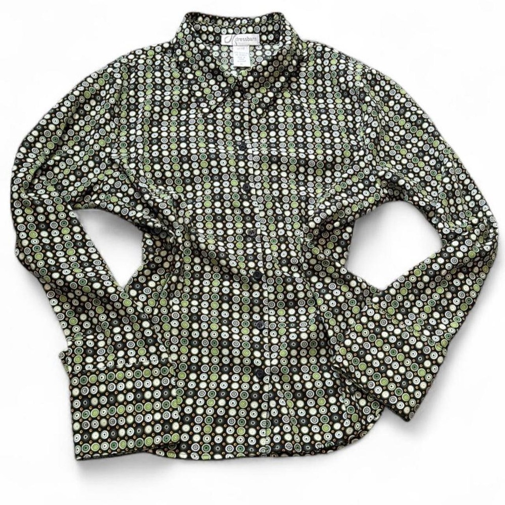 Vintage Y2K Dressbarn Green Geometric Circle Dot Blouse, Women's Size XL